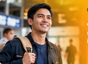 Smiling Filipino job seeker with a backpack at the airport